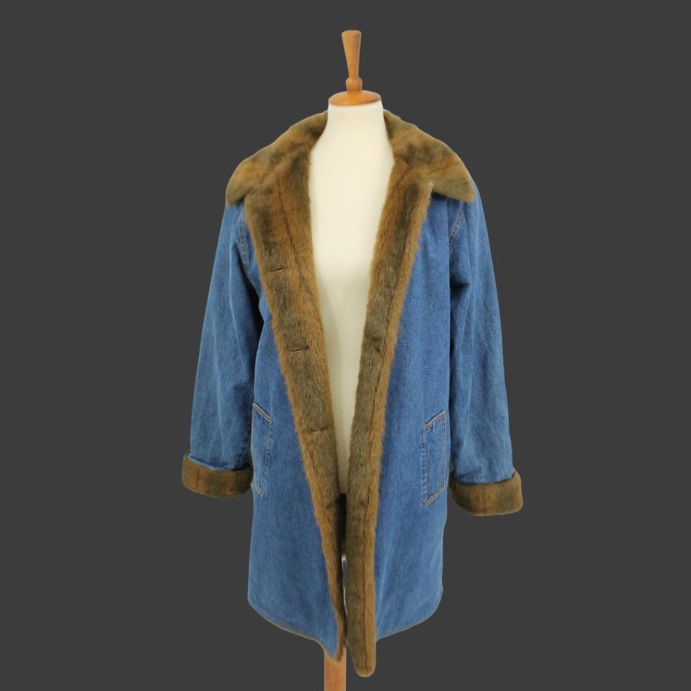 Vintage Denim & Co. Faux Fur and Jean Trench Coat Button Down Jacket M